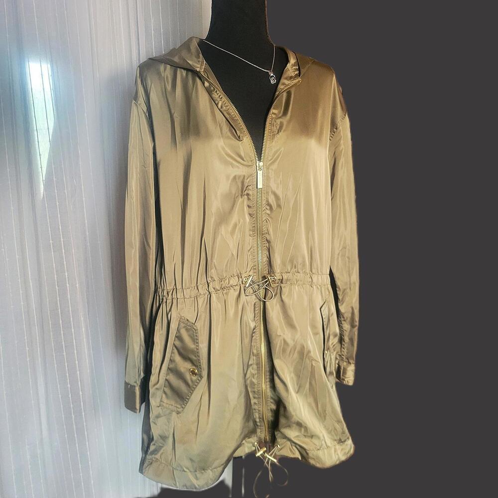 Michael Kors Khaki Rich Gold Satin Fishtail Anorak Cinched Waist Jacket - Size M - Picture 2 of 9
